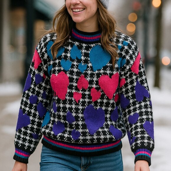 merremont Other - 80s Bright Heart Pullover Chunky Knit Sweater Vintage Large